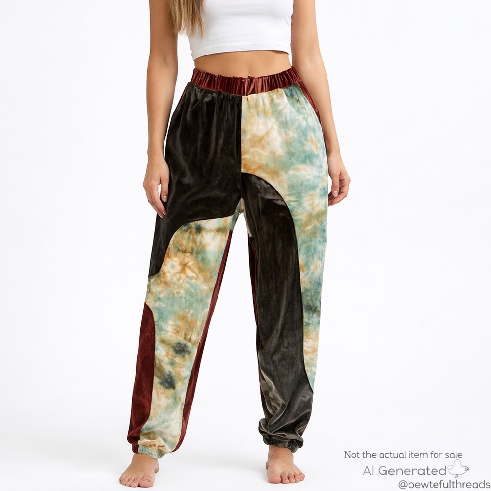 Blue Blush Medium Velour Patchwork Jogger Pants High Rise Stretchy